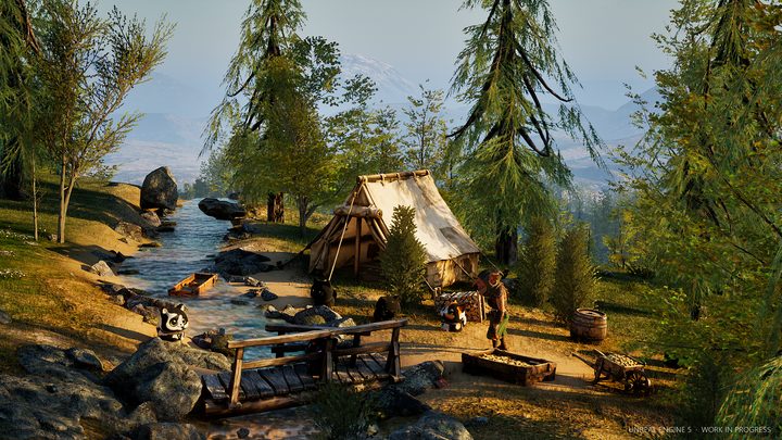 The goblin's camp by a stream, with a tent, a gold-washing sluice and Kibus