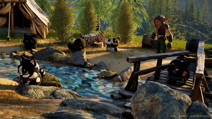 The greedy goblin grins at his crew of Kibus beside the water
