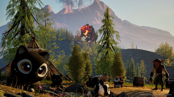 A glowing fire creature watches the camp from a ridge below a smoking volcano