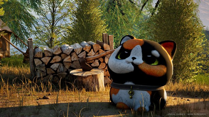 A calico Kibu next to a woodpile and a chopping block