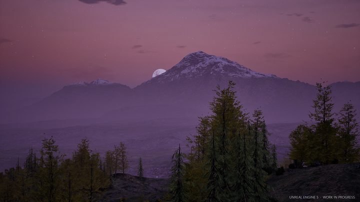 A wide valley at dusk with a snowy peak and a rising moon