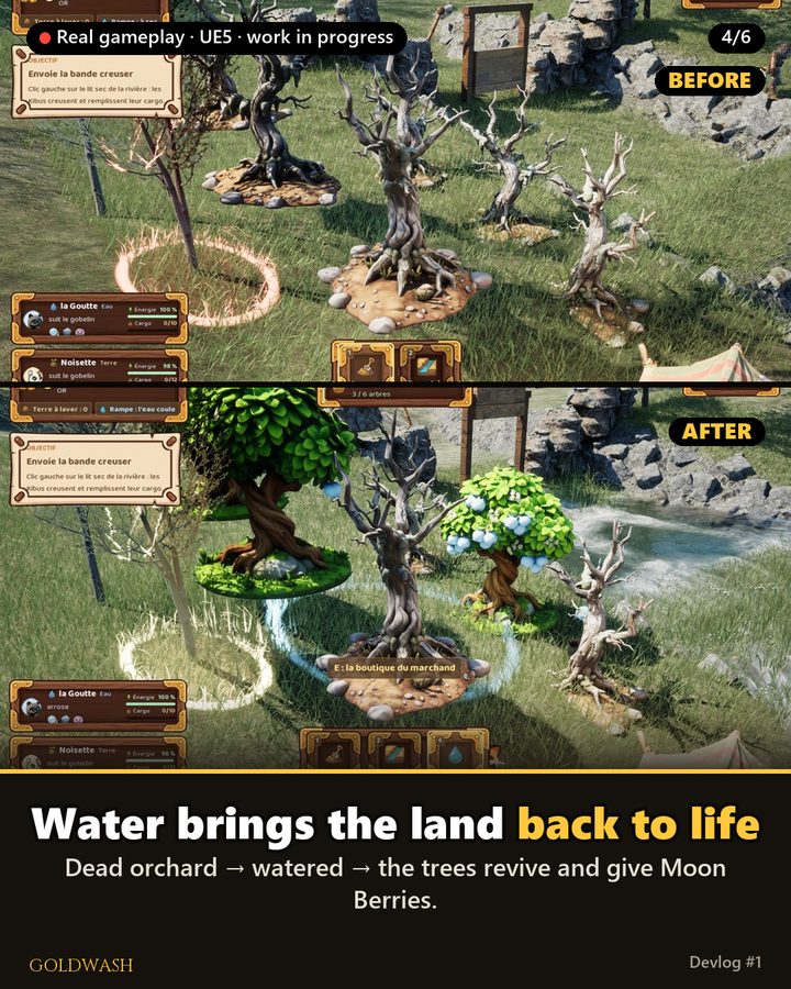 Gameplay before and after: dead trees, then the same orchard watered and green again