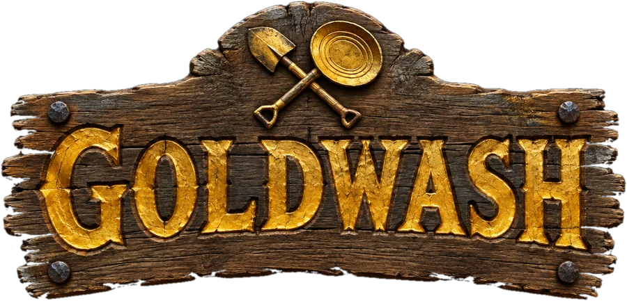 GOLDWASH logo: gold letters on a wooden sign with a crossed shovel and gold pan